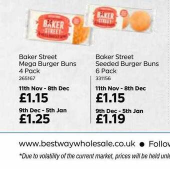 Bestway Baker street mega burger buns 4 pack, baker street seeded burger buns 6 pack offer