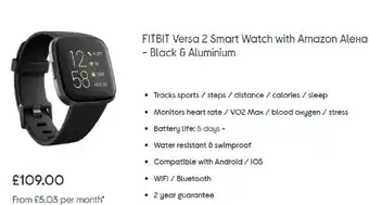 Currys PC World FitBit Versa 2 Smart Watch With Amazon Alexa - Black & Aluminium offer