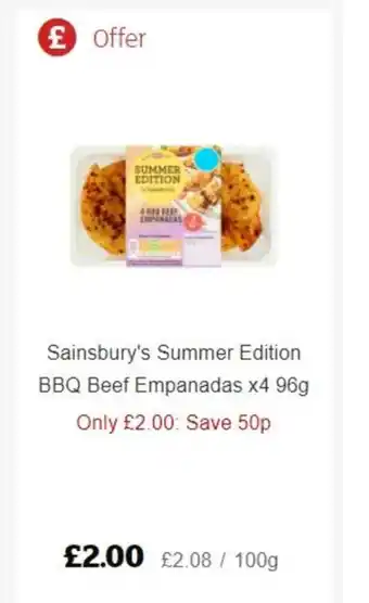 Sainsbury's Sainsbury's Summer Edition BBQ Beef Empanadas x4 96g offer