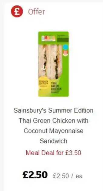 Sainsbury's Sainsbury's Summer Edition Thai Green Chicken with Coconut Mayonnaise Sandwich offer