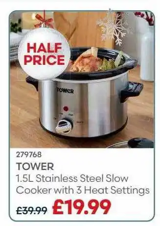 Robert Dyas Tower 1.5l stainless steel slow cooker with 3 heat settings offer