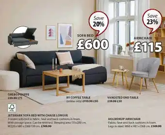 JYSK Jetsmark sofa bed with chaise longue, holmdrup armchair offer