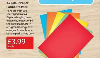 Aldi A4 Colour Paper Pack-Card Pack offer