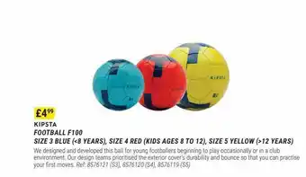 Decathlon Kipsta football f100 size 3 blue size 4 red kids ages 8 to 12 size 5 yellow offer