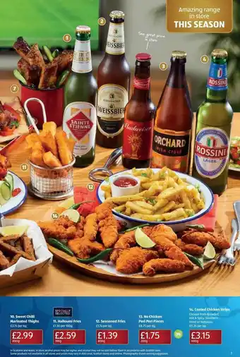 Aldi Sweet chilli marinated thighs, halloumi fries, seasoned fries, no chicken peri peri pieces, coated chicken strips offer