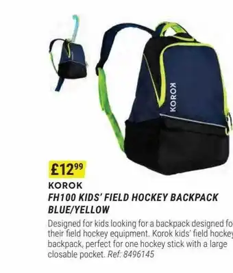 Decathlon Korok fh100 kids' field hockey bakcpack blue yellow offer