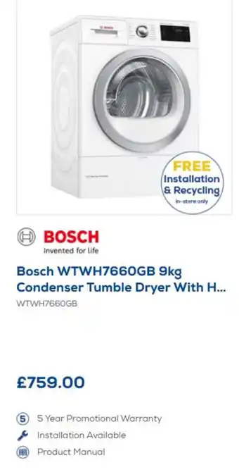Euronics Bosch 9kg Condenser Tumble Dryer offer