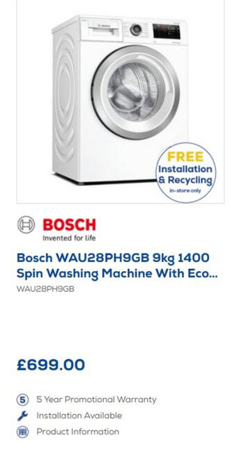Euronics Bosch 9kg 1400 Spin Washing Machine offer