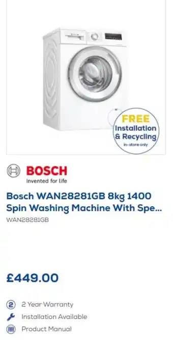 Euronics Bosch 8kg 1400 Spin Washing Machine offer