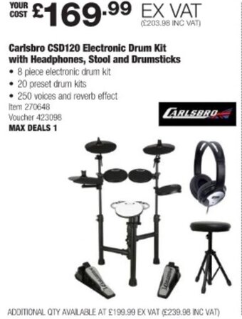 Costco Carlsbro CSD120 Electronic Drum Kit with Headphones, Stool and Drumsticks offer