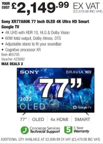 Costco Sony XR77A80K 77 Inch OLED 4K Ultra HD smart Google TV offer