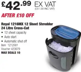 Costco Royal 1216MX 12 Sheet Shredder 24 Litre cross-Cut offer