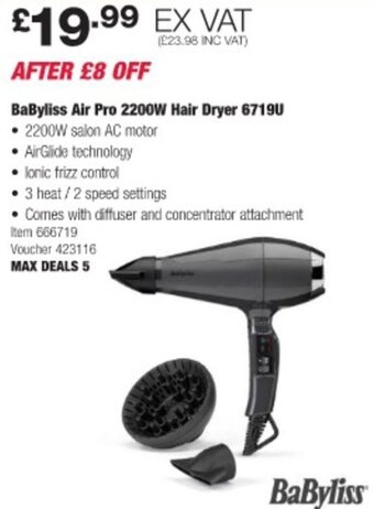 Costco Babyliss Air Pro 2200W Hair Dryer 6719U offer