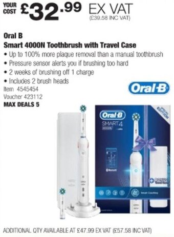 Costco Oral-B Smart 4000N Toothbrush with Travel Case offer