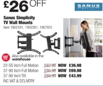 Costco Sanus Simplicity TV Wall Mounts 22-55 Inch Full Motion offer