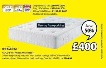 JYSK Dreamzone gold s45 spring mattress offer
