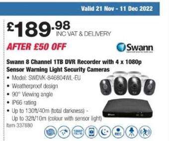 Costco Swann 8 channel 1tb dvr recorder with 4 x 1080p sensor warning light security cameras offer