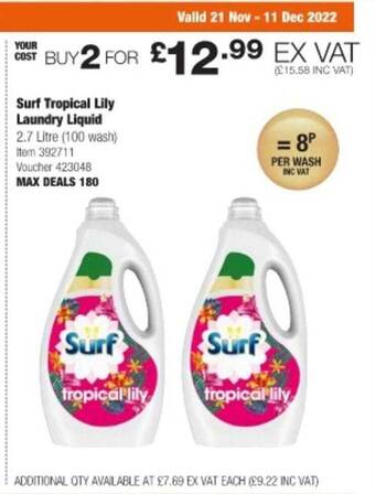Costco Surf tropical lily laundry liquid offer