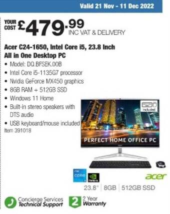 Costco Acer c24-1650 intel core i5, 23.8 inch all in one desktop pc offer