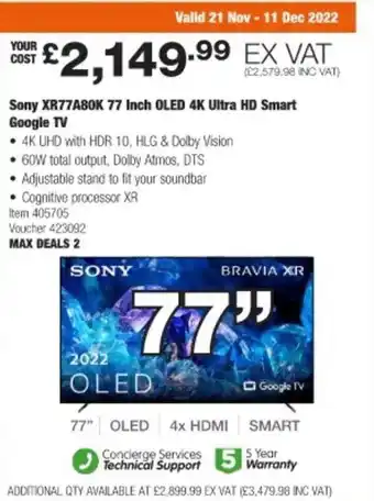 Costco Sony xr777a80k 77 inch oled 4k ultra hd smart google tv offer