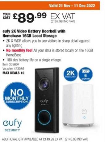 Costco Eufy 2k video battery doorbell with homebase 16gb local storage offer