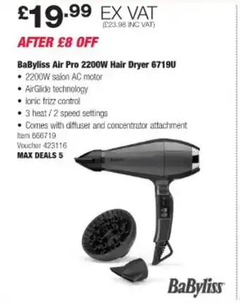 Costco Babyliss air pro 2200w hair dryer 6719u offer