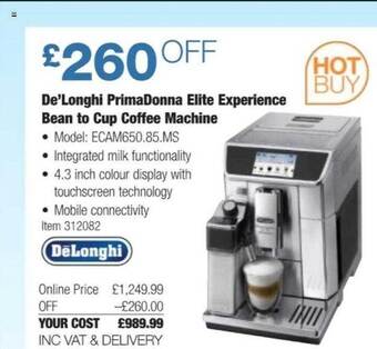 Costco De'longhi primadonna elite experience bean to cup coffee machine offer