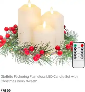 GloBrite Flickering Flameless LED Candle Set with Christmas Berry Wreath