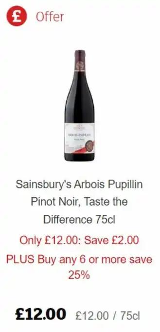 Sainsbury's Sainsbury's Arbois Pupillin Pinot Noir, Taste The Difference 75cl offer