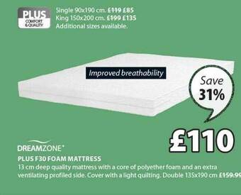 JYSK Dreamzone plus f30 foam mattress offer