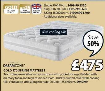 JYSK Dreamzone gold s70 spring mattress offer