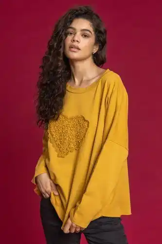 Roman Roman crochet heart embellished sweat top in ochre - size one offer