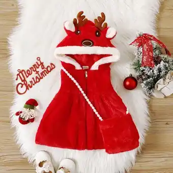 Patpat christmas 2pcs baby girl deer antler hooded sleeveless thermal fuzzy dress coat with crossbody bag set