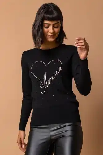 Roman sparkle embellished amour jumper in black - size 18