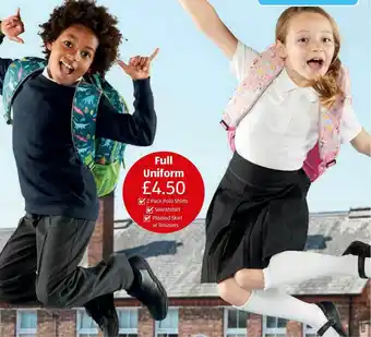 Aldi Full Uniform : 2 Pack Polo Shirts, Sweatshirt And Pleated Skirt Or Trousers offer