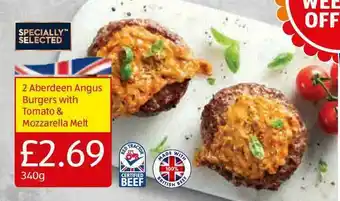 Aldi 2 Aberdeen Angus Burgers With Tomato & Mozzarella Melt offer