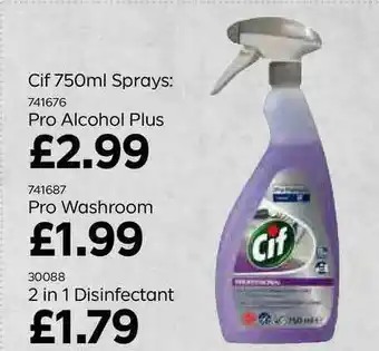 Bestway Cif 750ml Sprays: Pro Alcohol Plus, Pro Washroom Or 2 In 1 Disinfectant offer