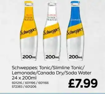 Bestway Schweppes: Tonic-Slimline Tonic- Lemonade-Canada Dry-Soda Water 24 X 200ml offer