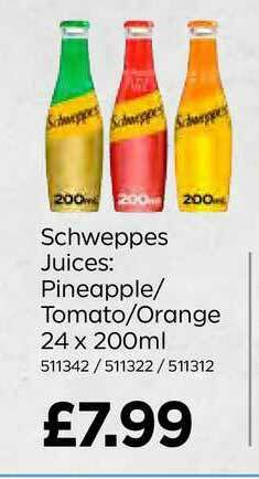 Bestway Schweppes Juices: Pineapple-Tomato-Orange 24 X 200ml offer