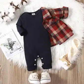 Patpat Patpat 2pcs baby boy long-sleeve plaid jacket and solid ribbed jumpsuit set offer