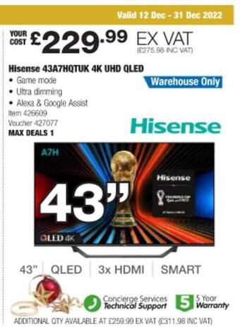 Costco Hisense 43a7hqtuk 4k uhd qled offer