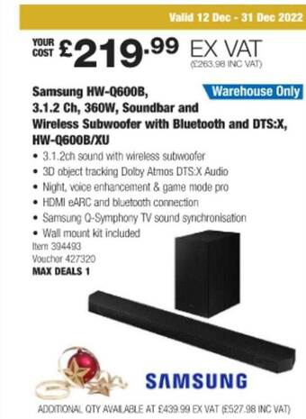Costco Samsung hw-q600b, 3.1.2 ch, 360w, soundbar and wireless subwoofer with bluetooth and dts:x, hw-q600b-xu offer