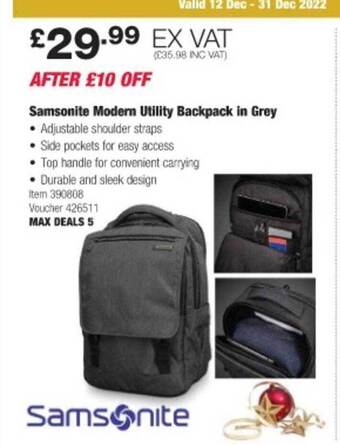 Costco Samsonite modern utility backpack in grey offer