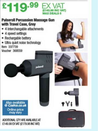 Costco Pulseroll Percussion Massage Gun With Travel Case Grey offer