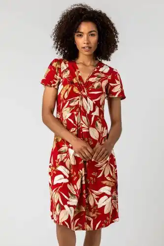 Roman Roman leaf print twist knot dress in red - size 10 - size 10 offer