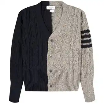 Pockets Thom browne fun-mix aran cable donegal 4-bar cardigan navy/grey offer