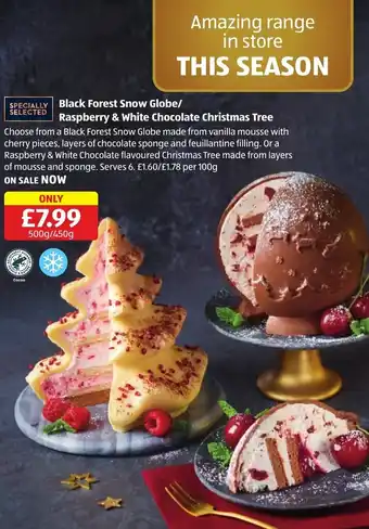 Aldi Black Forest Snow Globe/Raspberry & White Chocolate Christmas Tree 500g/450 g offer
