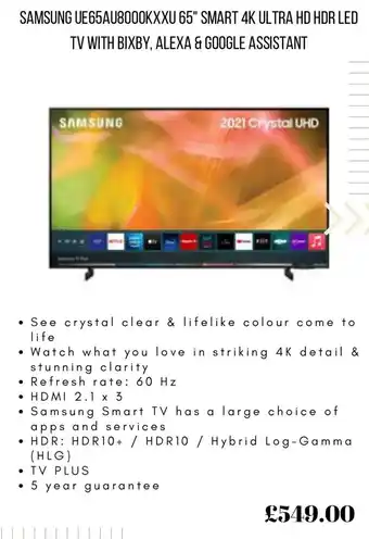 Currys PC World Samsung UE65AU8000KXXU 65" Smart 4K Ultra HD HDR Led Tv with Bixby, Alexa & Google Assistant offer