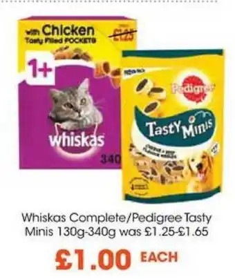 Centra Whiskas Complete/ Pedigree tasty Minis 130g-340g offer
