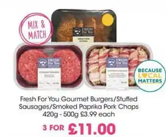 Centra Fresh For You Gourmet Burgers/ Stuffed Sausages/ Smoked Paprika Pork Chops 420g-500g offer